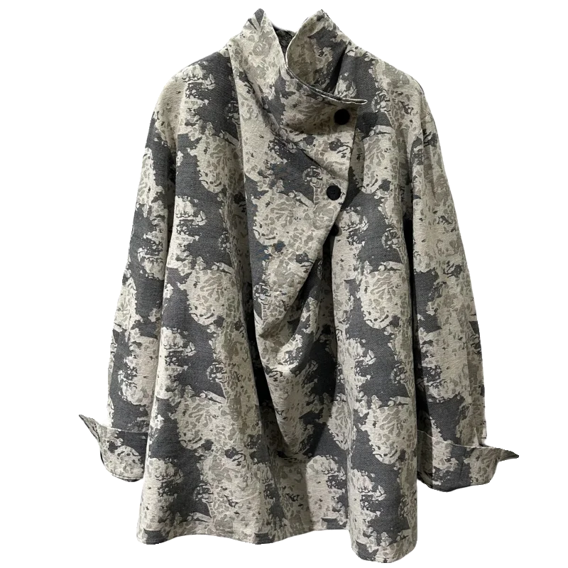 Retro Distressed Design Stand Collar Loose and Irregular Jacquard Long-Sleeved Shirt Niche Dark High-Grade Top