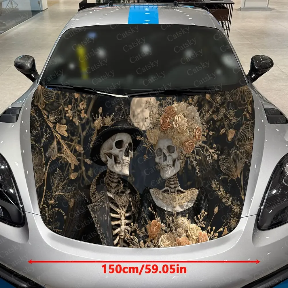 Gilded Skeleton Couple Car Hood Sticker,Waterproof Self-Adhesive Vinyl Graphics Decals,Decorative Auto Accessories Stickers