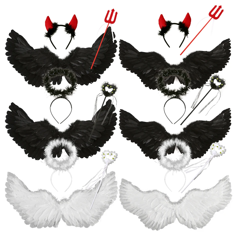 Children Adults Family Look Halloween Cosplay Holy Angel Aureole Headbands and Devil Wings Demon Horn Headwear Magic Wand Sets