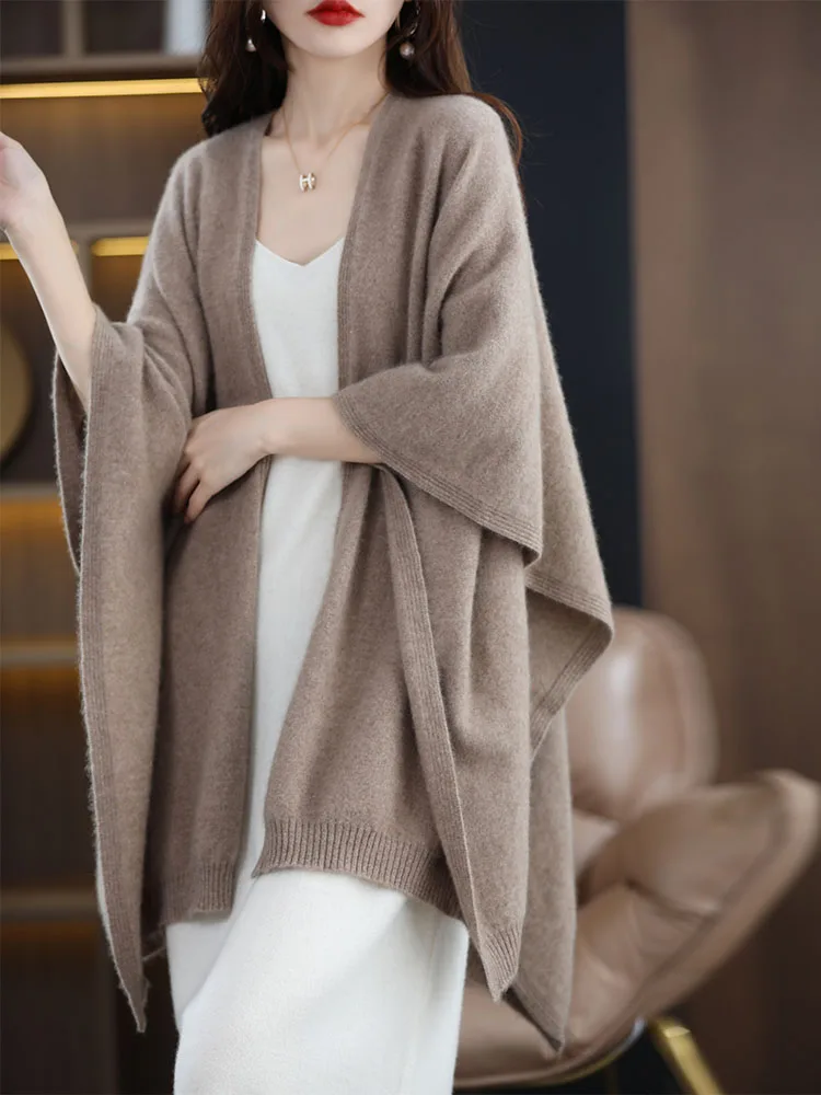 

New Women's Warm Shawl 100% Merino Wool Knitwear Autumn Winter Cardigan Solid Color Sweater Female Grace Lazy Cape Soft Scarf