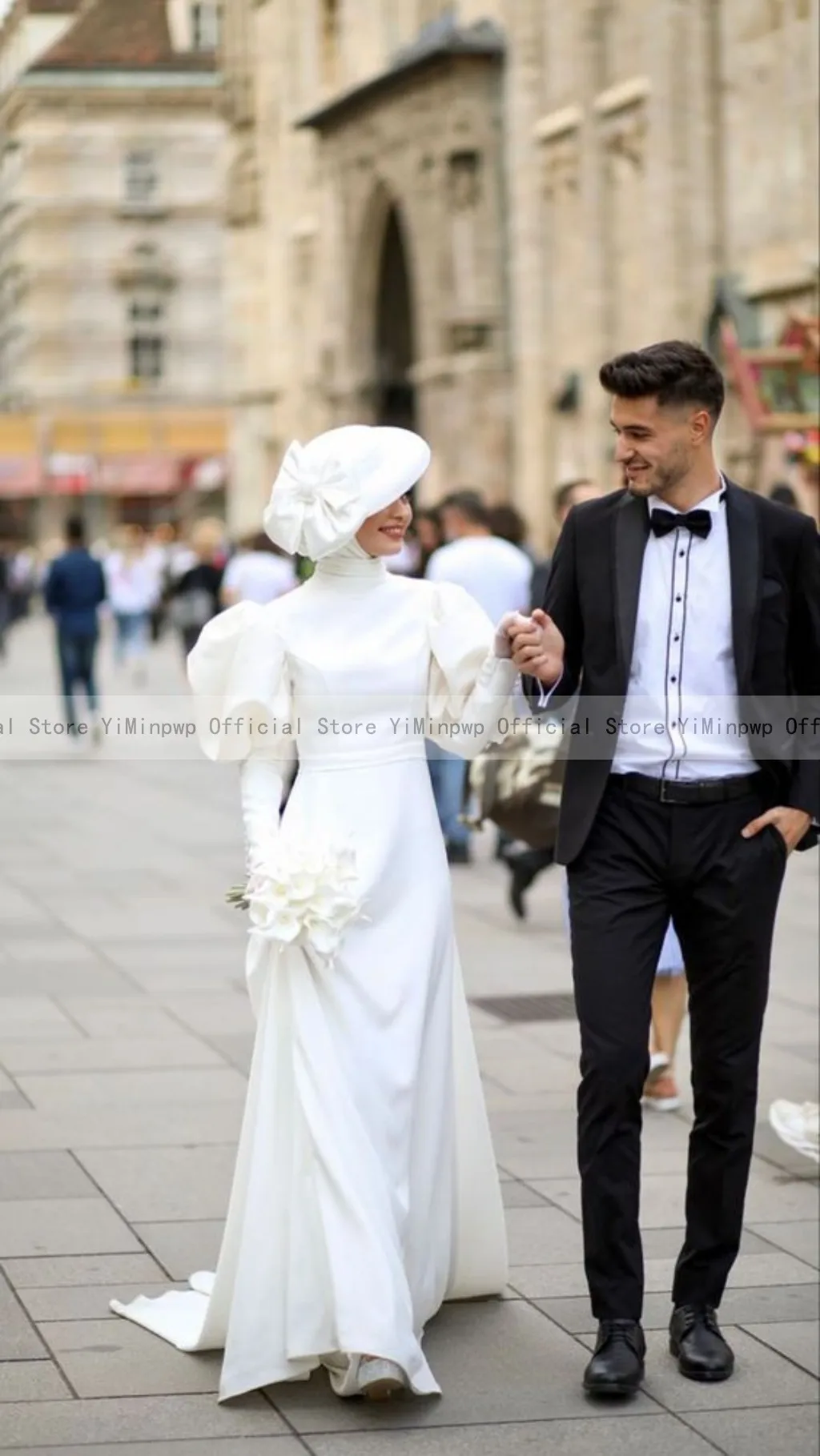 Vintage Muslim Wedding Dresses for Bride High Neck Gigot Sleeve Sweep Train Simple Bridal Gown Customized vestidos de novia