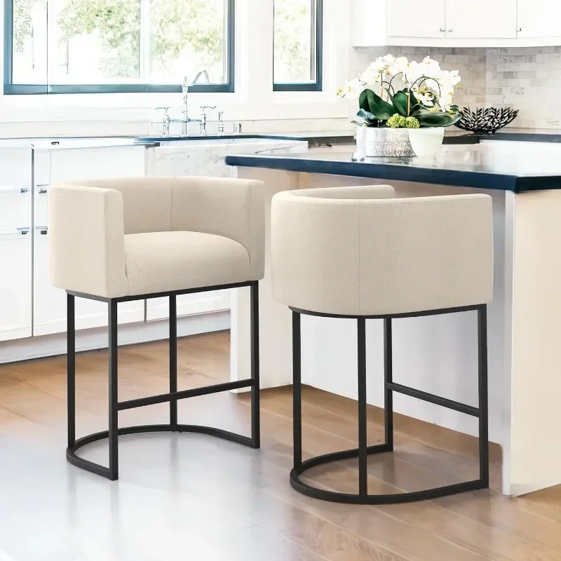 Counter Altura Bar Stools Set, Modern Barrel, Encosto e Braços, Black Metal Frames, 27 "H, Conjunto de 2