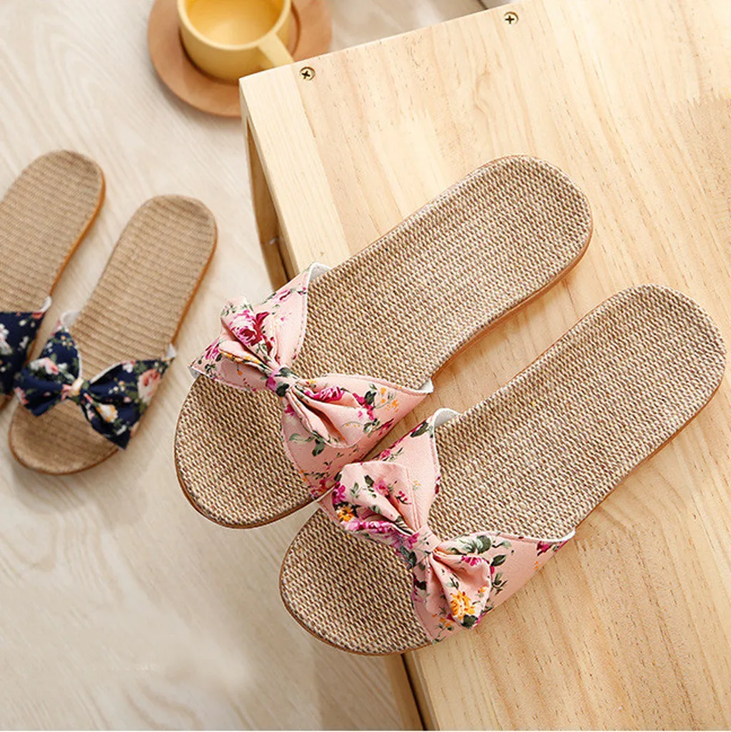 Women Female  Bowknot Flax Linen Flip Flops Beach Shoes Sandals Slipper Chaussure Femme Sapatos Femininos Zapatos Mujer SandáLia