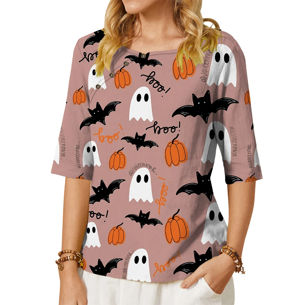 CLOOCL Women T-shirt Little Devil Bat Jack-o-lantern 3D Printed Tops Button Decorate Middle Sleeves Blouses Lady Halloween Gift