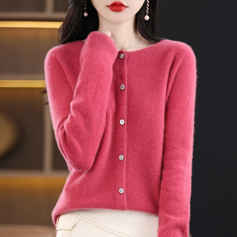 Women 100% Merino Wool Sweater New Round Collar Solid Color Knitted Cardigan Autumn Winter Casual Soft Jacket Bottoming Slim Top