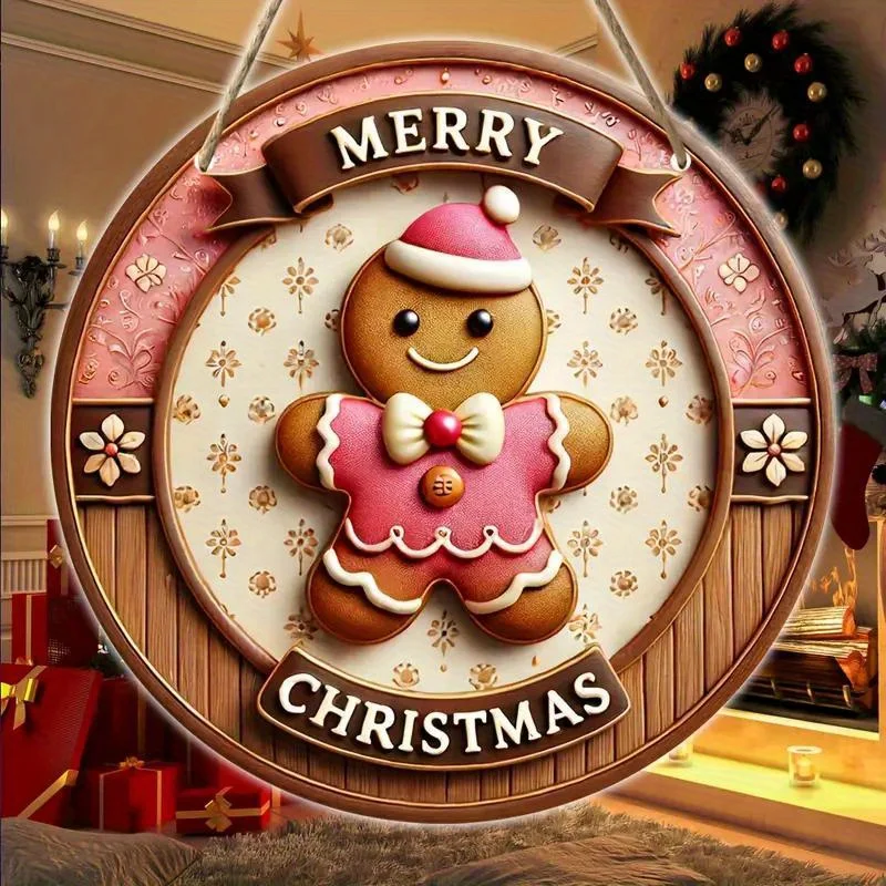 1pc, 2D Wooden Merry Christmas Pink Gingerbread Man7.9Inch/20cm Round Hanging Sign Wall or Door Decor Wall Art Outdoor Courtyard
