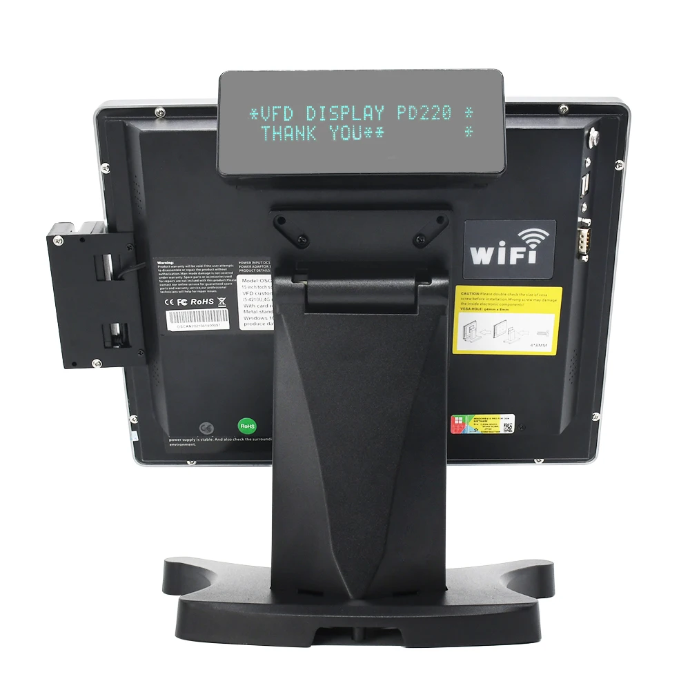 

15" True Flat Touch Screen Monitor POS System Built-in VFD Customer Display Removable Hard Disk