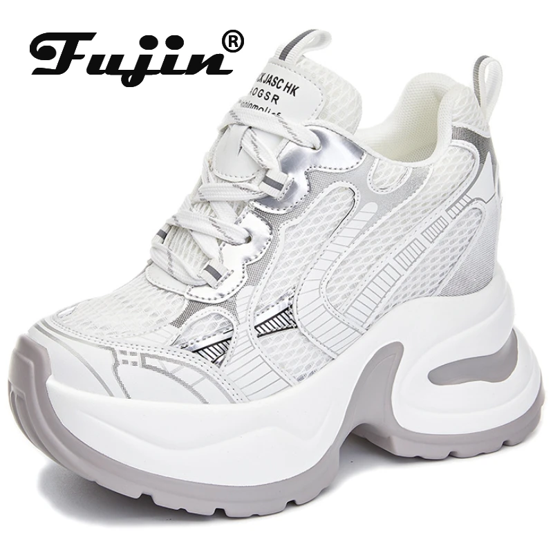 Fujin-Chaussures à l'offre elles compensées en cuir synthétique, 10cm, Air Mesh, respirantes, épaisses, de rencontre, plates, décontractées, confortables, de haute marque