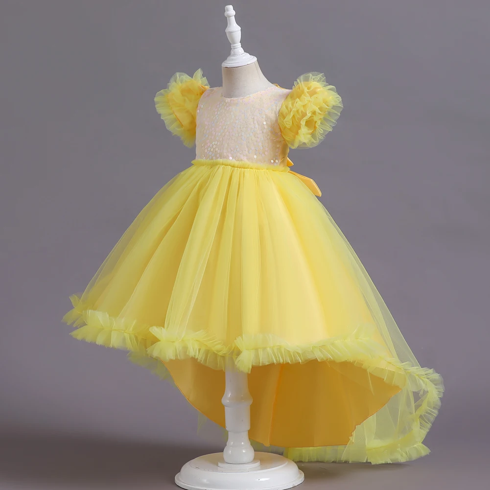 8608 Yellow Flower Girl Trailing Bridesmaid Wedding Dress Child Piano Performance Dress is suitable for Kid Party Wear