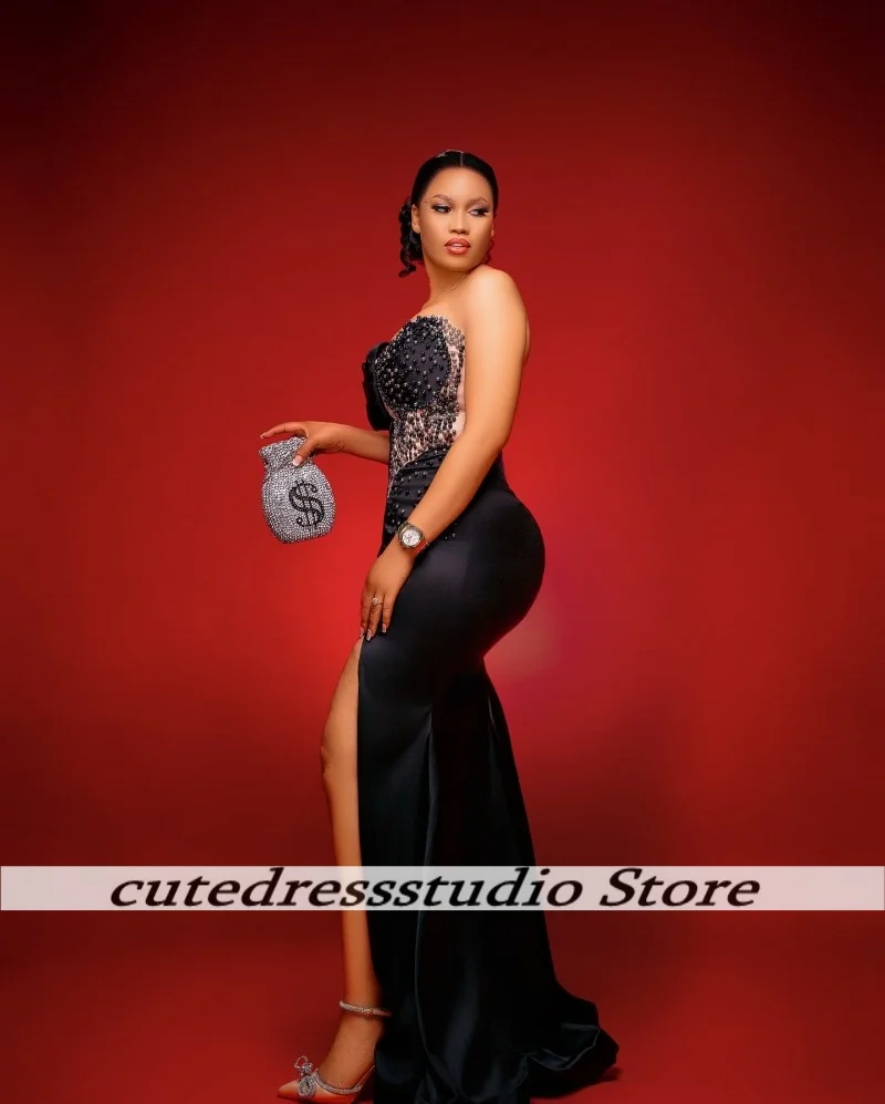 Schwarze One-Shoulder-High-Split-Meerjungfrau-Abendkleider mit exquisiten Perlen, afrikanisches Abendkleid, Hochzeits-Party-Kleider, individuell gestaltet