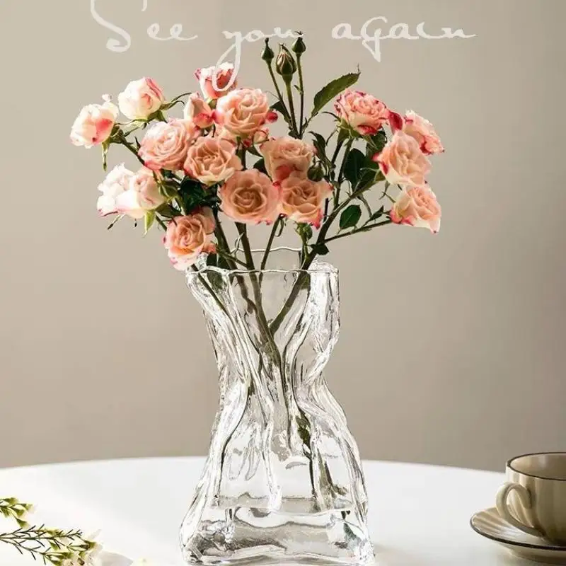 Clear Glass Flower Vase Artistic Crinkled Irregular Glossy Design for Side Table Living Room Shelf Tabletop Ornament