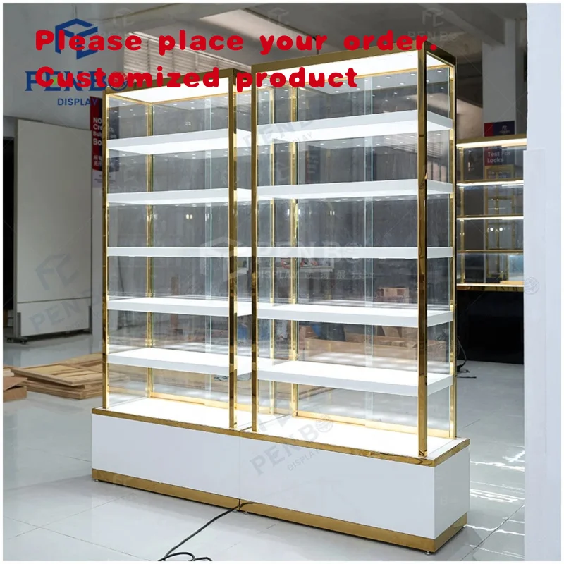 custom.Fashion Design Movable Luxury Jewelry Store Display Cabinets Led Lights with Rotate Perfume & Watch showcase