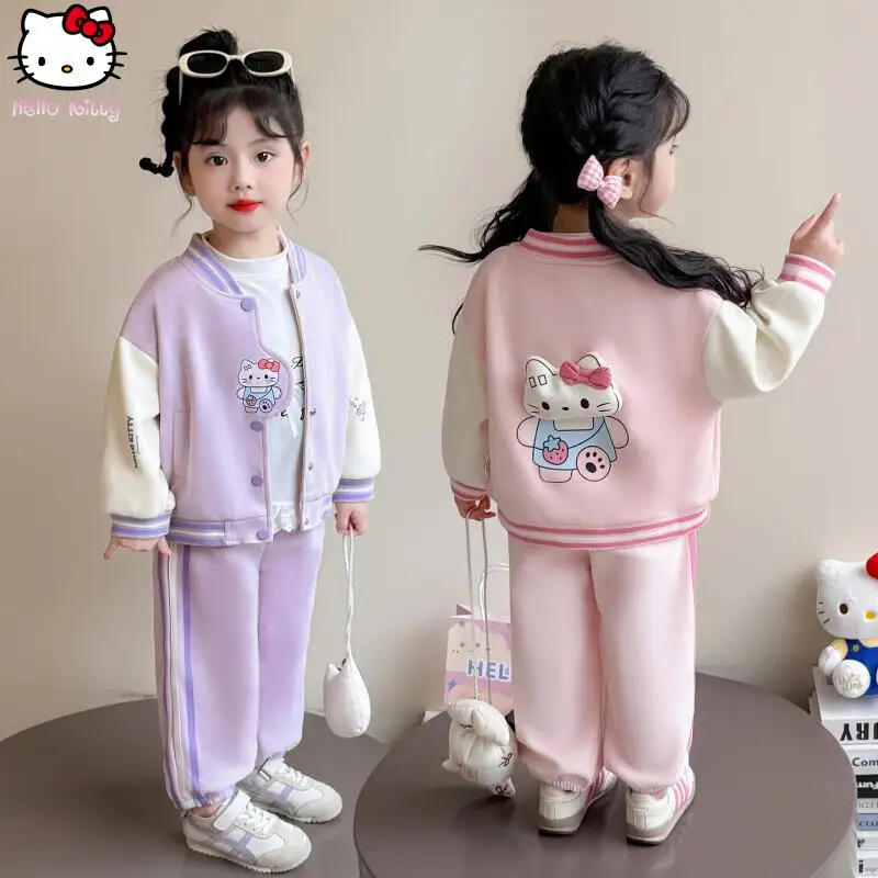 

2 шт. Sanrio Hello Kitty бейсбольная куртка с героями мультфильмов для девочек, осенний комплект Kawaii в стиле принцессы, модные милые спортивные штаны в стиле аниме, детская одежда