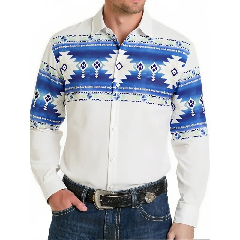 2026 New Men Southwest Aztec Tribal Geometric Print Long Sleeve Shirt White Blue Splicing Lapel Button Up Vintage Western Cowboy