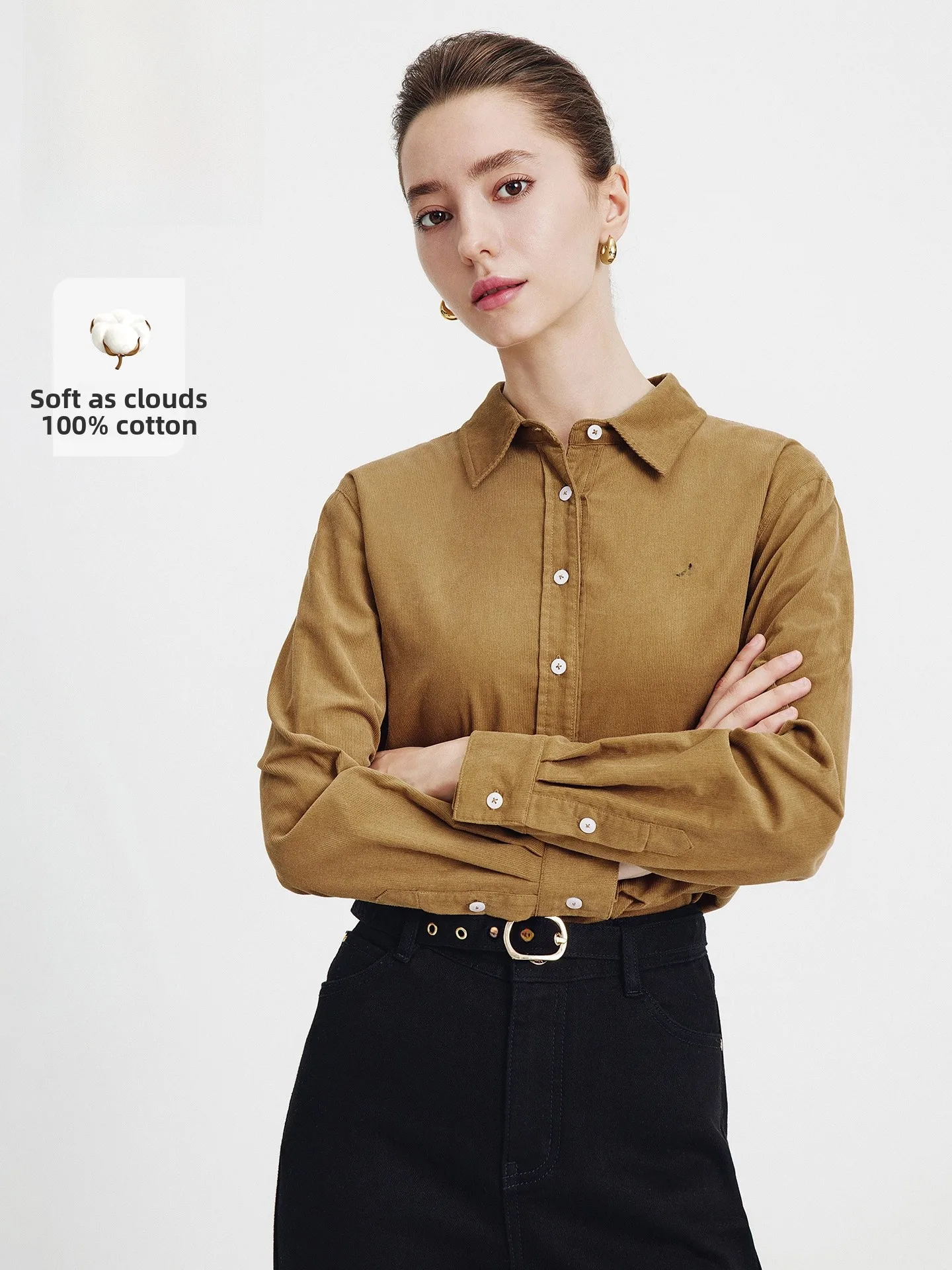 

Navigare Pure Cotton Long Sve irt Women's Spring New Sle Commute Wind Corduroy Top Ladies Faion Comfortable Fit