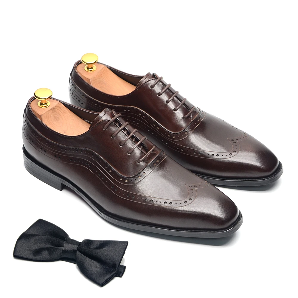 

Luxury Men's Business Oxford Dress Shoes Cow Genuine Leather Black Brown Lace-up Wingtip Brogue Wedding Party Formal Shoes Man