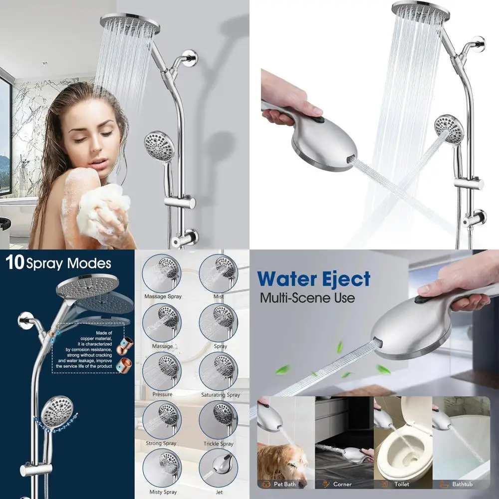 

3-Way Diverter Handheld Shower Head, 26 Slide Bar, Adjustable Height, Dual Chrome Set with 5ft Hose