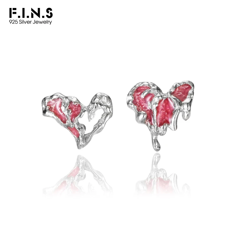 

F.I.N.S Original Design Asymmetrical Irregular Lava S925 Sterling Silver Studs Texture Enameled Love Heart Piercing Ear Jewelry