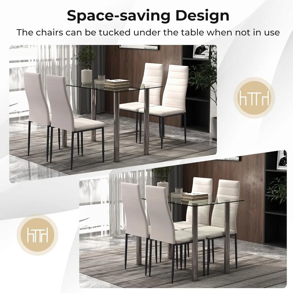 5-Piece Modern Dining Table Set – Glass Top with 4 PVC Leather Chairs 6