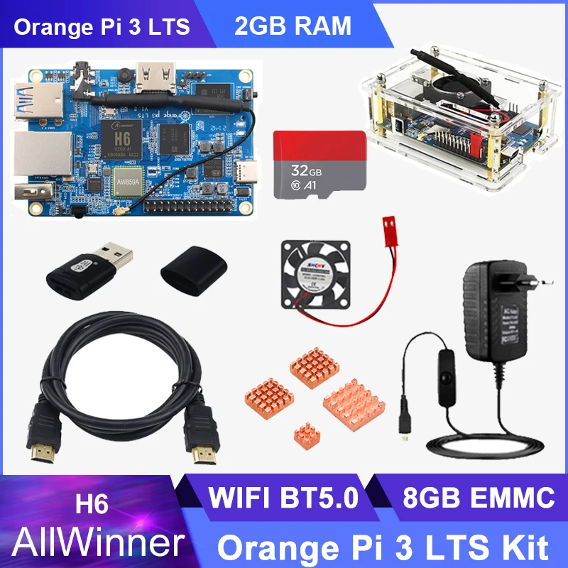 

Orange Pi 3 LTS H6 64Bit 8GB EMMC 2G RAM WiFi BT 5.0 Optional Heat Sinks Power Supply Computer Run Android 9.0 Ubuntu Debian OS