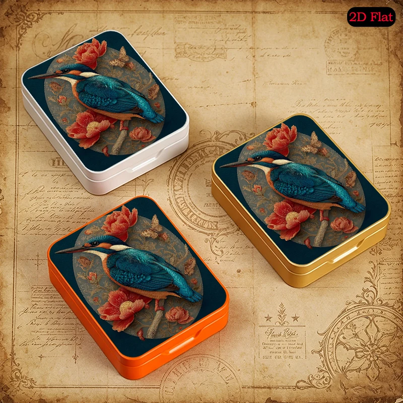 Vintage Relief Kingfisher Floral Theme Portable Mini Pocket Tin Box, UV Printed Flip Top Custom Tinplate Box, Desktop Organizer