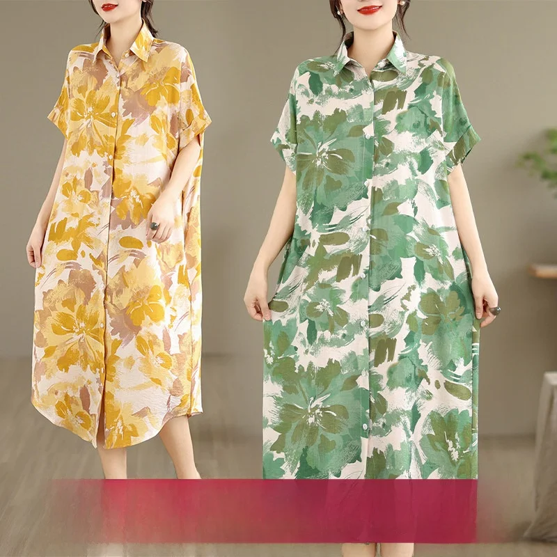 

Large Size Floral Print Cotton Linen Shirt Dress Summer Casual Mid-Length Women's Dress Artistic Style Loose Fit Long Shirt