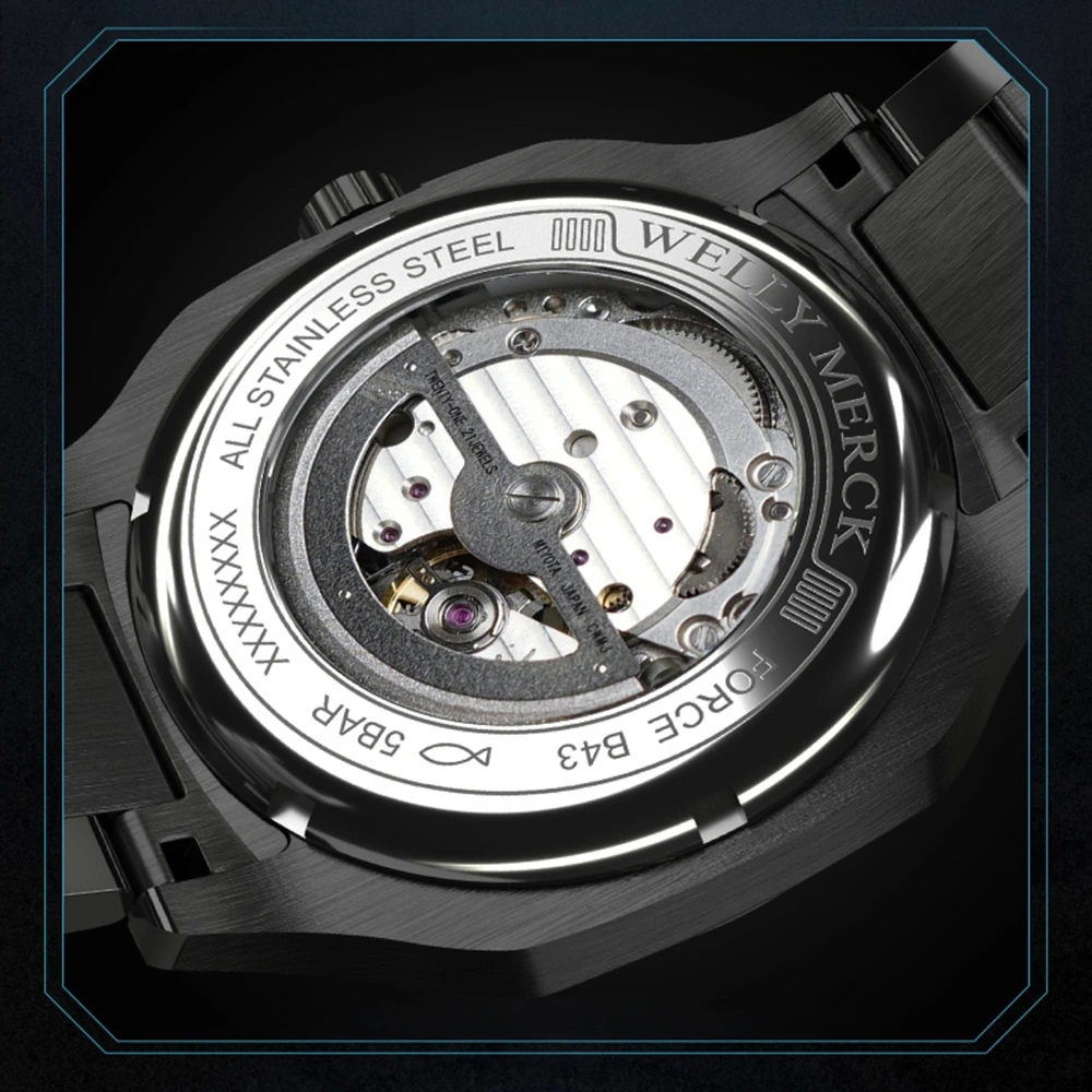 Skeleton Watches for Men Luxury Watch Automatic Mechanical Wristwatches Sports 43mm Luminous 5Bar Waterproof Clock Welly Merck