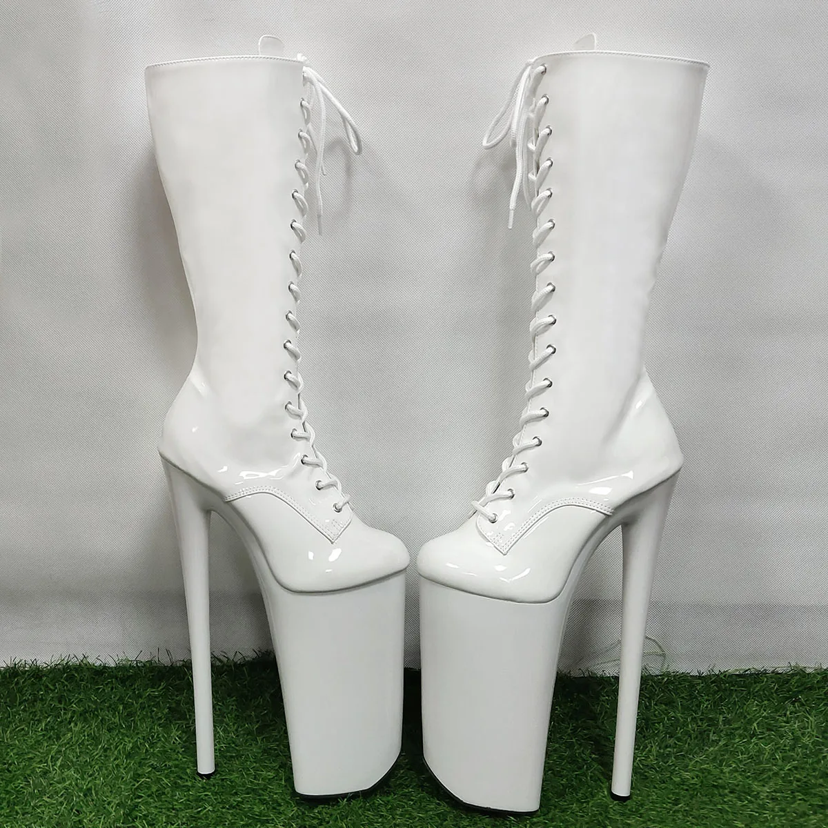 Crossdress Women Shoes Mid-Calf Strip Open Toe Pole Dance 26cm Thigh High Boots White Exotic Platform Round Toe Gothic Catwalk