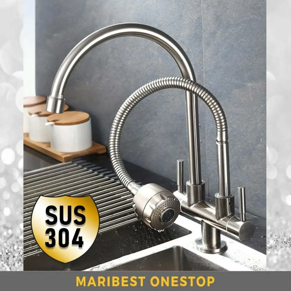 

304 Stainless Steel Double Sink Tap 2 Mode Flexible Kitchen Water Faucet 360° Rotate Flexible Faucet Commercial Use