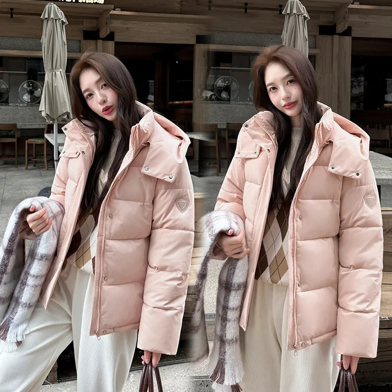 Hooded Women Solid Parkas Casual Splice Loose Short Jackets Pocket Full Sleeve Thick Coat Elegant Lady Autumn Winter 2025