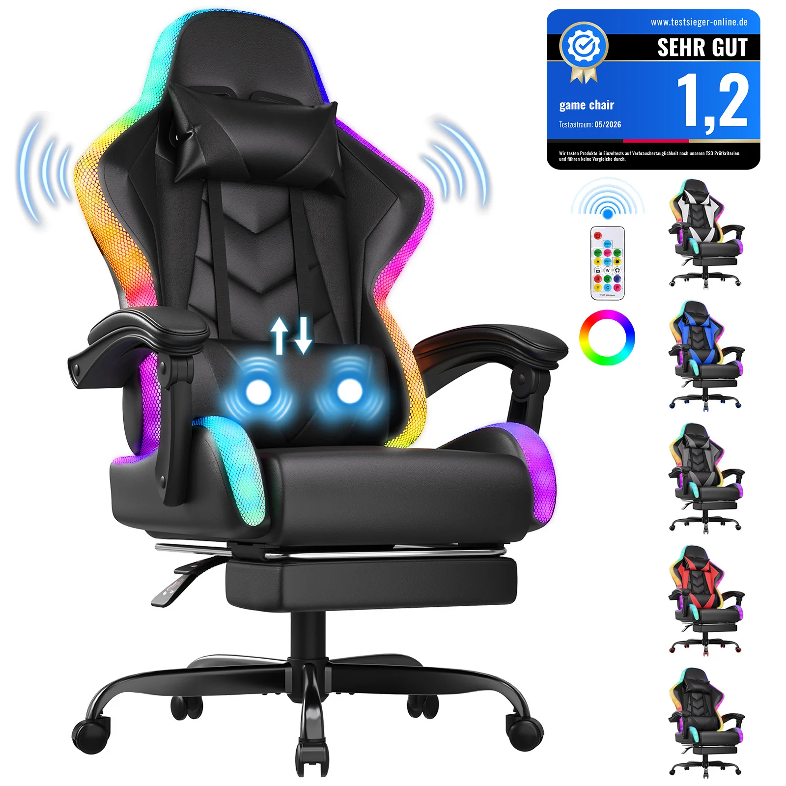 Silla Gaming HOMALL RGB con Función de Masaje, 366 Modos de Luz, Reposapiés Ergonómico, Silla de Oficina con Altura Ajustable, Certificación SGS, Negra