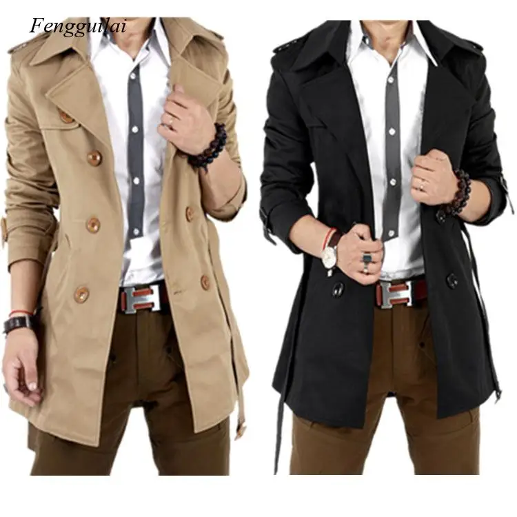 Men\'s Windbreaker Jacket Vintage Black Khaki Spring Autumn Business Trench Male Double Breasted Retro Classic Long Coat Men