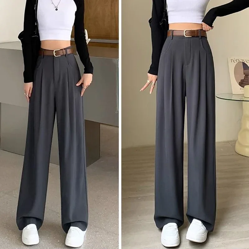 Women Fashion Suit Pants Lady Comfortable Baggy High Waist Wide Leg Linen Trousers Female Straight Leg Slacks Gray Classic Pants