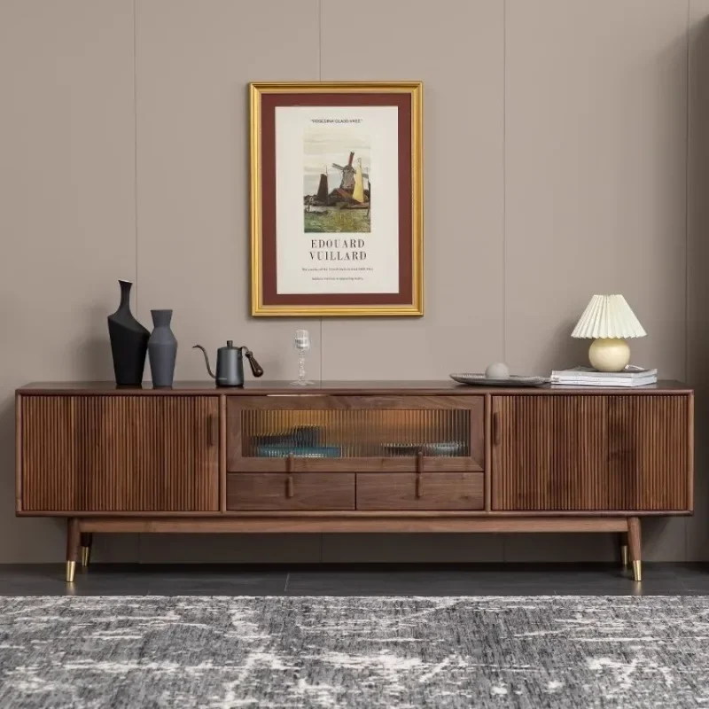 

Solid wood TV cabinet Modern simple grille North American black walnut audio-visual cabinet Storage locker Living room
