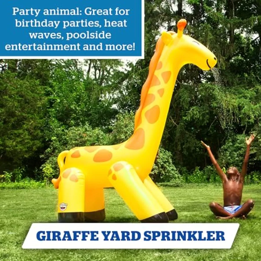Backyard water toy: inflatable giraffe sprinkler for kids, PVC material, yellow-brown color, quick inflate/deflate for easy sum