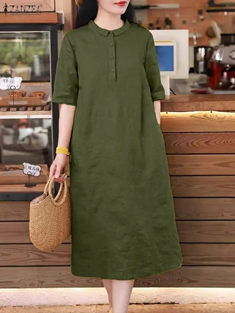 2025 ZANZEA فستان صيفي المرأة التلبيب الرقبة قصيرة الأكمام الصلبة فستان الشمس أنيق OL العمل فساتين متوسطة الطول أزرار عادية رداء كبير الحجم