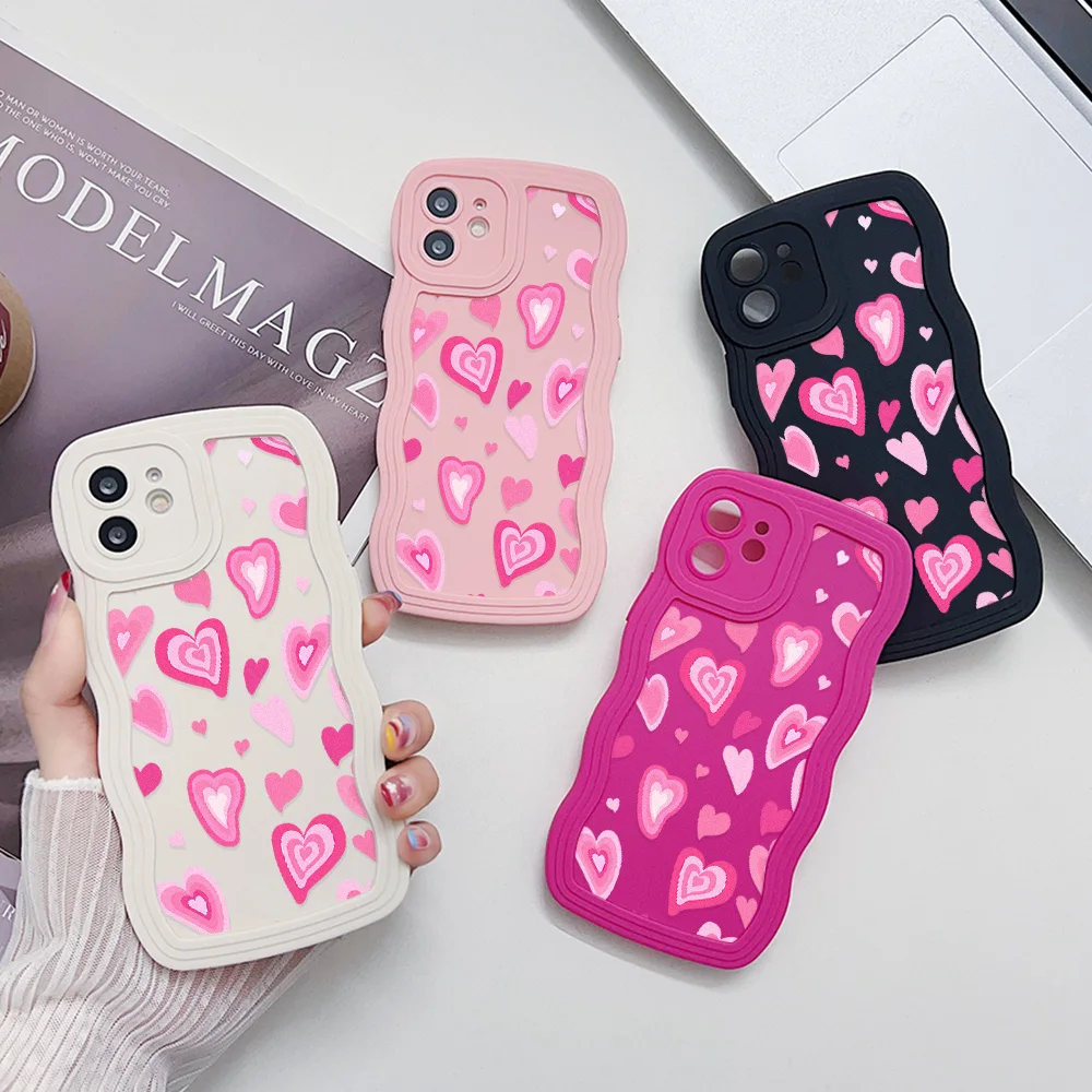 Cute INS Korean Love Heart Phone Case For iPhone 13 Case iPhone 11 12 15 16 14 Pro Max XR XS X 7 8 Plus SE Soft Curly Wave Cover