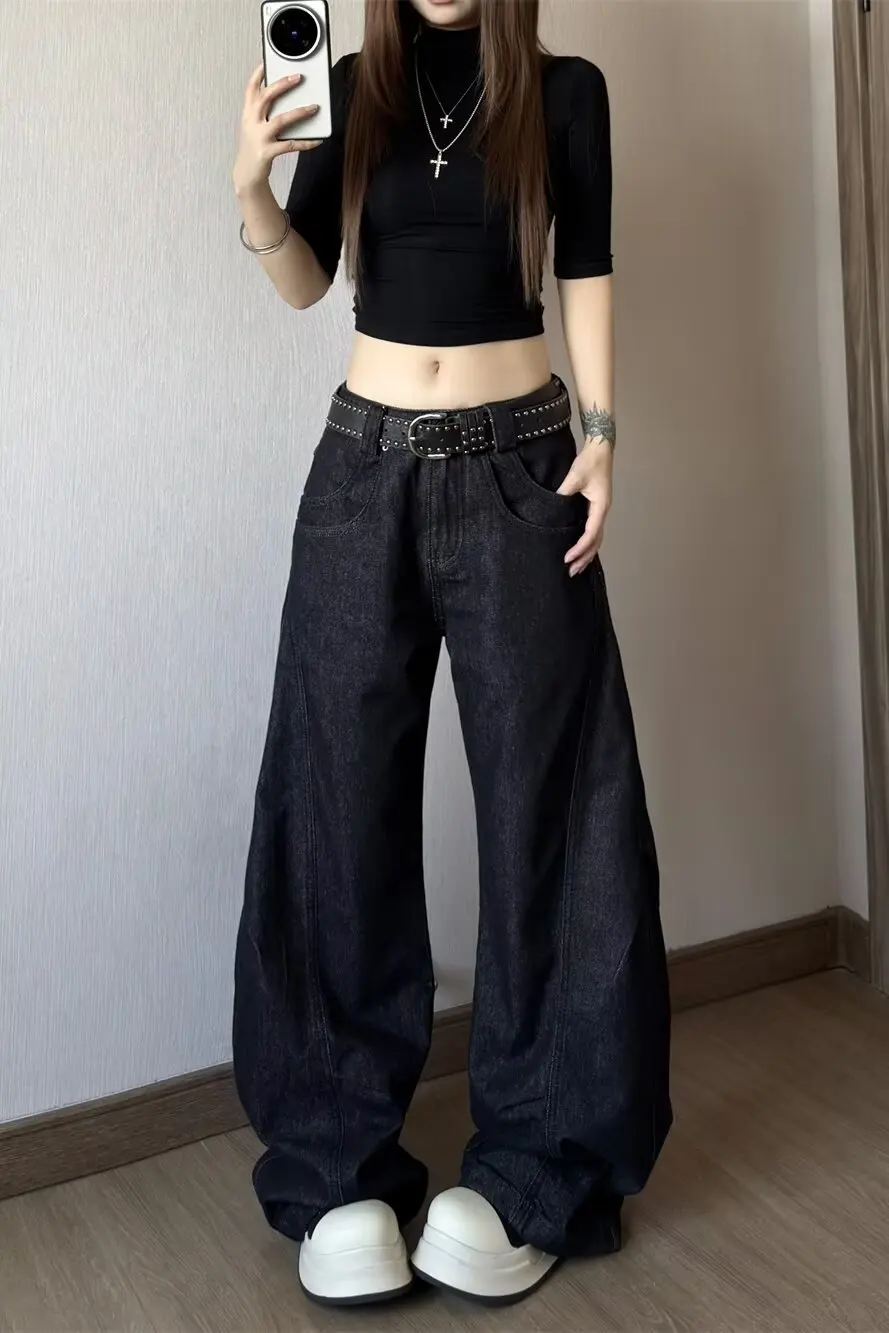 Koreańskie jeansy vintage z wysokim stanem, damskie, wyszczuplające, o kroju łezki, luźne, proste, z rozszerzanymi nogawkami, czarne, szare, szerokie spodnie dżinsowe, nowe.