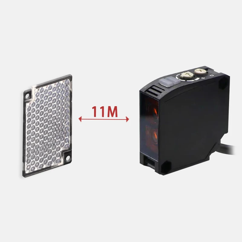 11M Retro-Reflective Photoelectric Switch Square Sensor with Reflector Plate IP67 for Conveyor and Gate Control