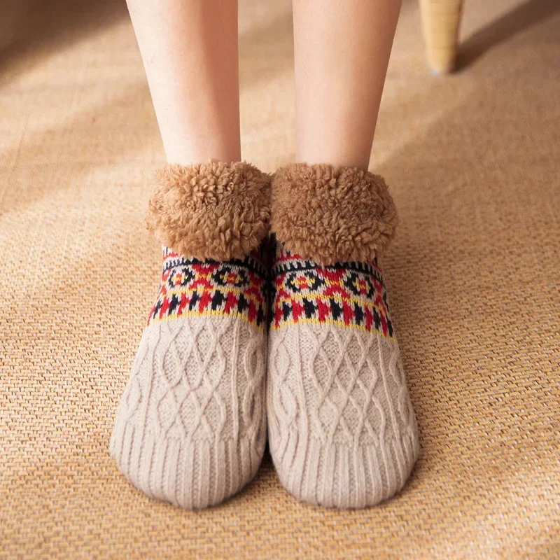 

Knitted Winter Socks Women Plush Warm Home Bedroom Socks Slippers Men Non-Slip Foot Warmer Snow Floor Socks Calcetines Mujer