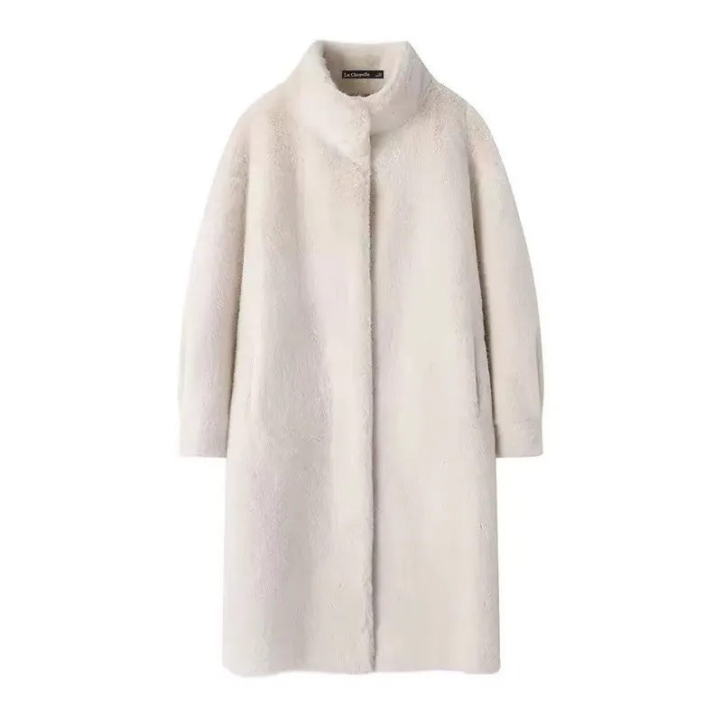 

Winter Women's Thickened Stand Collar Faux Mink Fur Long Coat Loose Fluffy Warm Plush Overcoat Elegant Casual Daily Wear