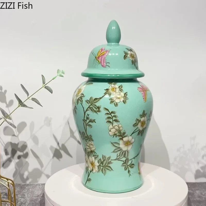 

Cyan Floral Pattern General Jar with Lids Ceramic Vases Flower Arrangement Desk Decoration Jewelry Jars Cosmetic Containers