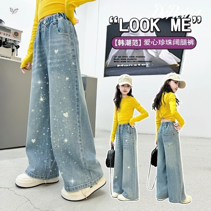 

Girls' Rhinestone Straight-leg Jeans, Stylish Rhinestone Straight-leg Jeans, Spring Girls' Long Pants, Light Blue Loose Casual P