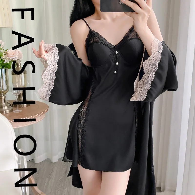 

Ice silk French nightdress women's summer new sexy lace suspender pajamas fairy wind with chest pad pajamas loungewear new