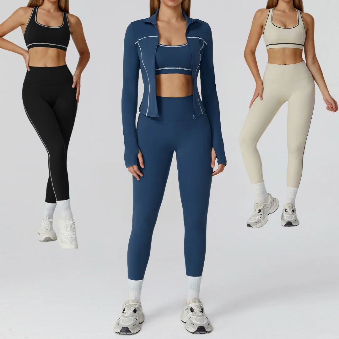 

Brushed Yoga Set Sports Fitness Hip-lifting Slim Pants Long Sleeves Zipper Casual Running Workout Clothes Gym Leggings 3pc Set