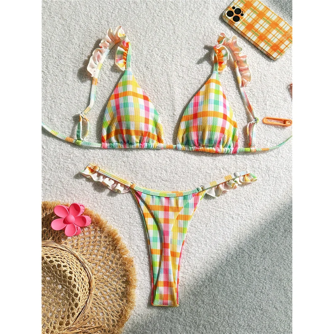 XS - L Bunter Karo-Rüschen-Tanga-Bikini, Damen-Badeanzug, zweiteiliger Bikini-Set, Badebekleidung, Badeanzug, Schwimmanzug V6974 – Detail 8