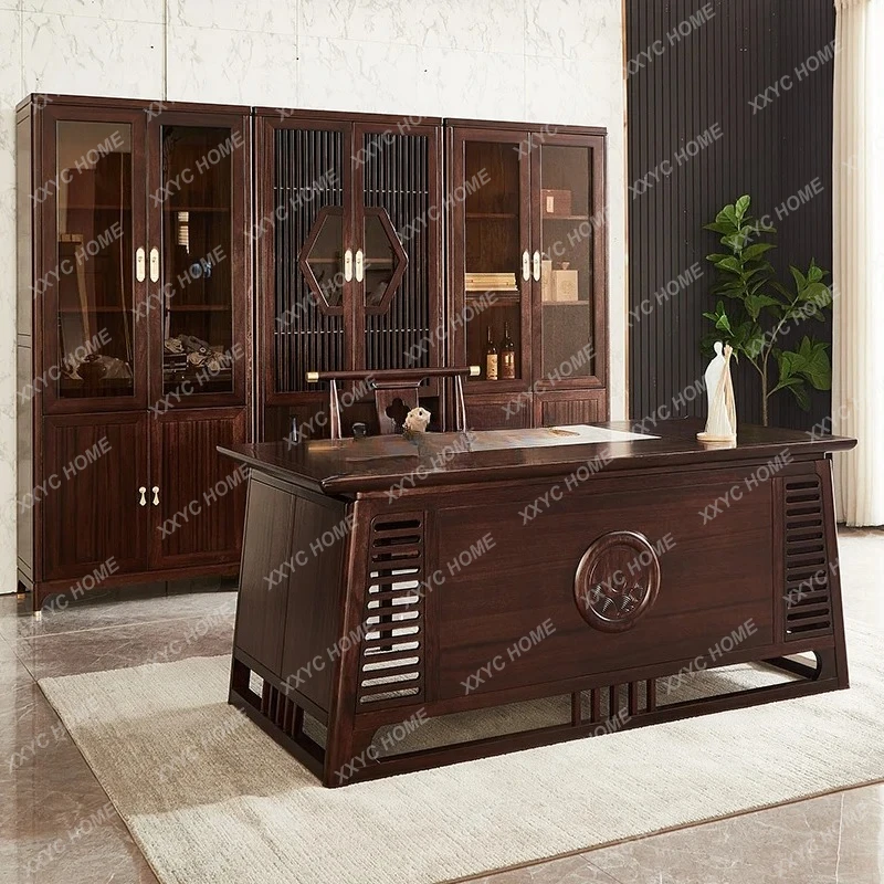 New Chinese solid wood bookcase ebony bookcase glass door as a whole