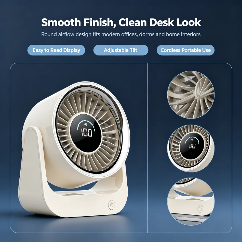 USB Rechargeable Desk Fan with Digital Display Silent Air Circulator Portable for Office Dorm Home Use 3-Speed Adjustable