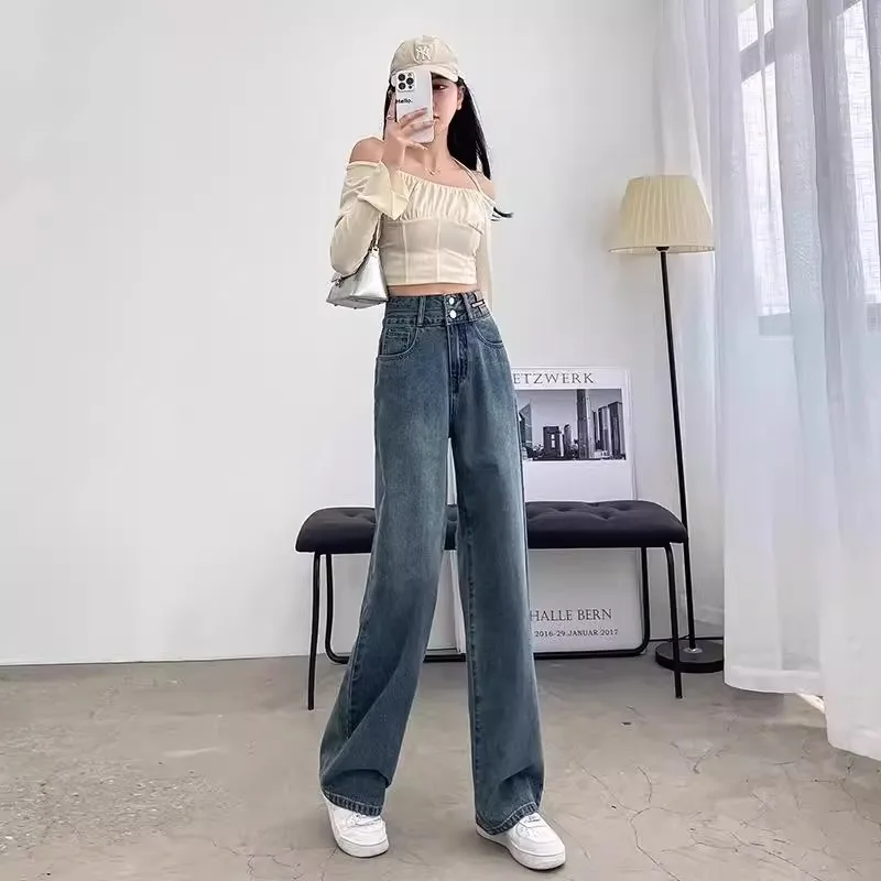 Retro High Waist Straight Leg Jeans Women's Hip Concealment Loose Slimming Double Buckle Floor-Length Wide Leg Pants