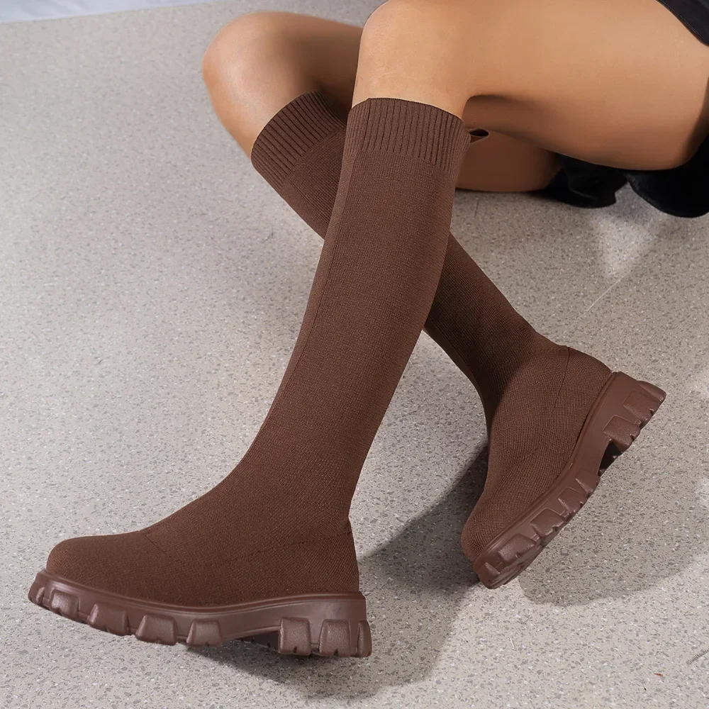 2024 New Winter Over-the-Knee Stretch Sock Boots for Women Thick Sole Slim High Heel Round Toe Available in Larger Sizes